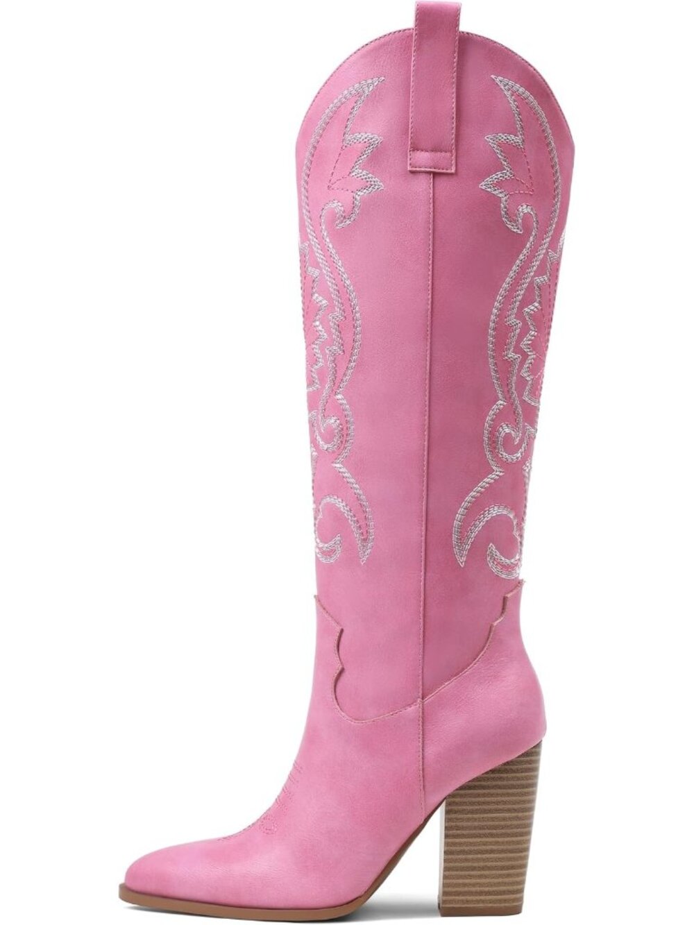 Women's Pink Pointed Toe Chunky High Heels Pull-On Embroidered Western Boots